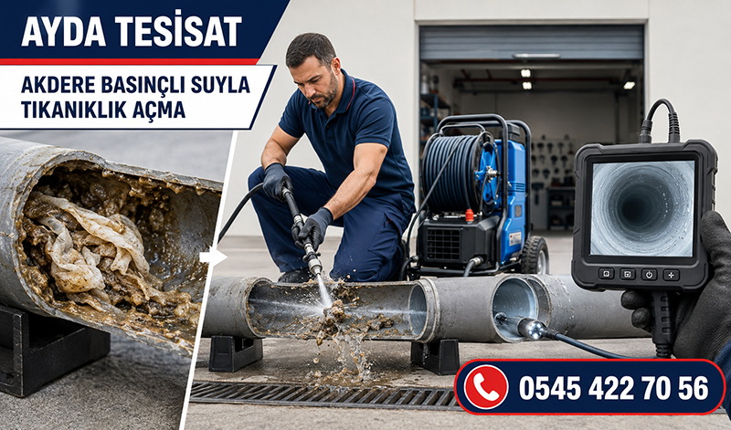 Akdere’de su jeti ile basınçlı suyla gider açma uygulaması yapan erkek tesisatçı