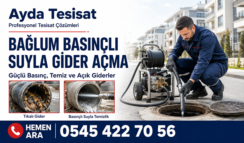 Bağlum’da erkek tesisat ustasının su jetiyle bina giderindeki birikintileri temizlemesi