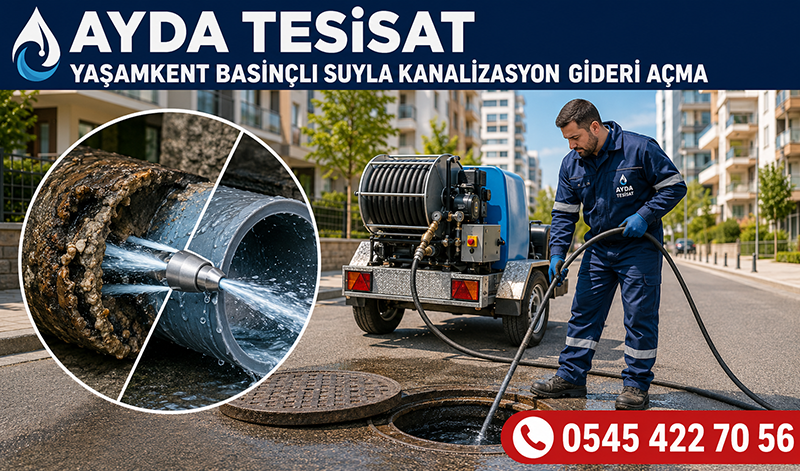 Basınçlı suyla açılmış ve yıkanmış kanalizasyon borusu içi
