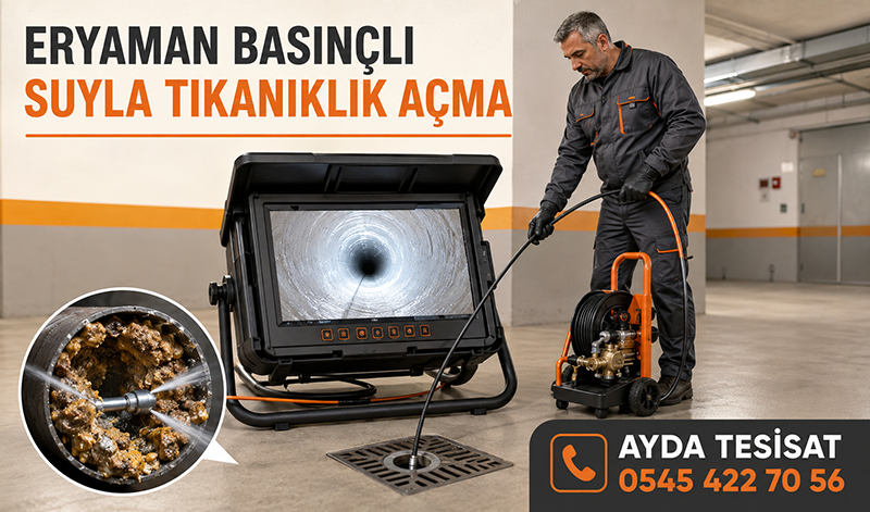 Basınçlı suyla yıkanan kanalizasyon ana gider borusunda yağ ve tortu temizliği