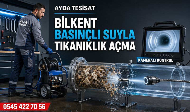 Bilkent’te erkek tesisatçının basınçlı su makinesiyle tıkalı bina giderini temizlemesi