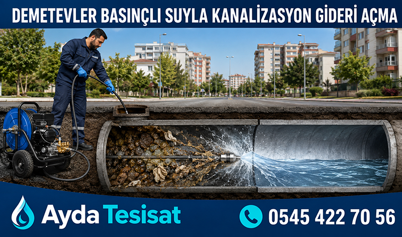  Demetevler’de erkek tesisatçının basınçlı suyla bina ana gider hattını temizlemesi