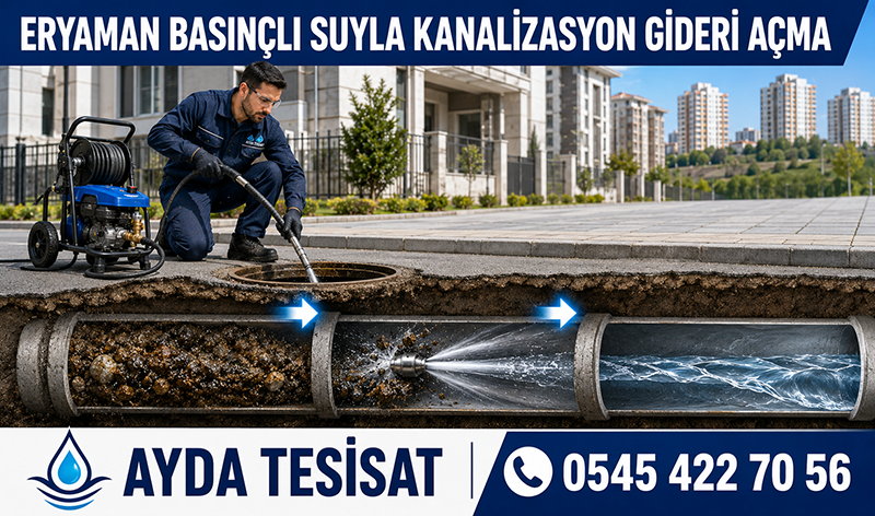 Eryaman'da erkek tesisat ustasının su jetiyle tıkalı bina gider borusunu açması