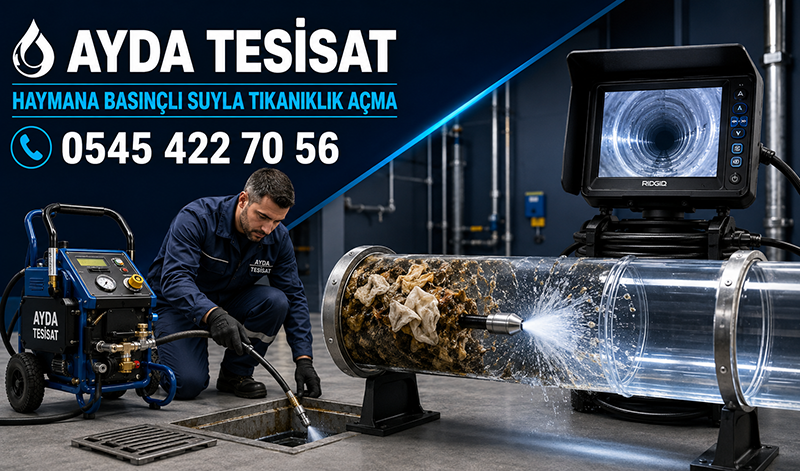 Haymana'da erkek tesisat ustasının basınçlı su jetiyle tıkalı bina giderini temizlemesi
