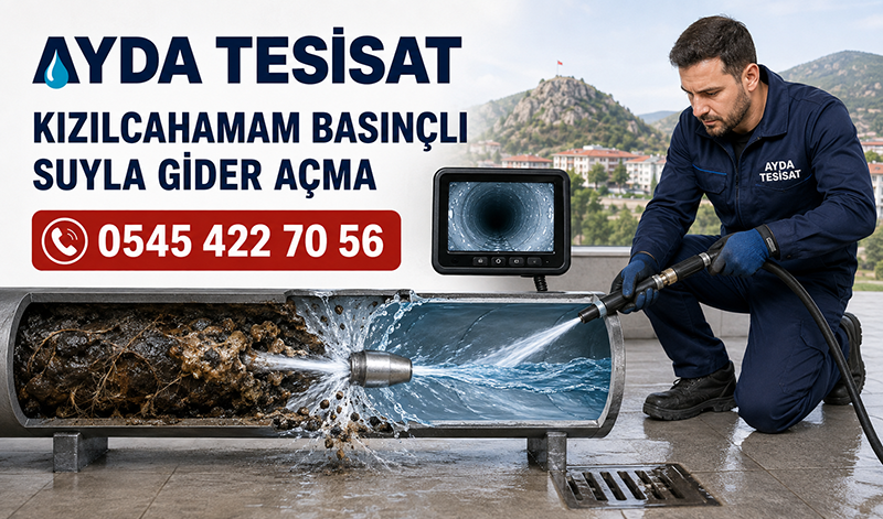Kanalizasyon tıkanıklığını açmak için boru içinde ilerleyen basınçlı su nozulu