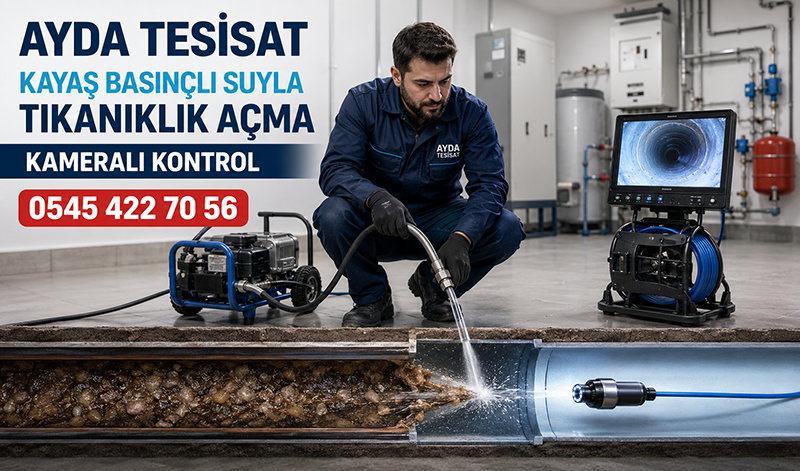 Kayaş’ta basınçlı suyla bina ana hattındaki tıkanıklığı temizleyen erkek tesisatçı