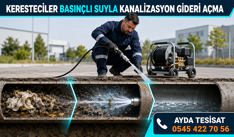 Keresteciler’de erkek tesisat ustasının basınçlı su jetiyle tıkalı bina ana giderini temizlemesi