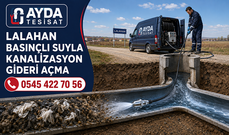 Lalahan’da erkek tesisat ustasının basınçlı suyla bina ana gider hattını temizlemesi