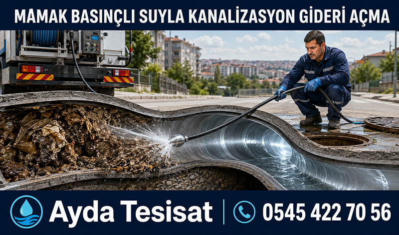 Mamak’ta erkek tesisat ustasının basınçlı suyla bina ana gider tıkanıklığını açması