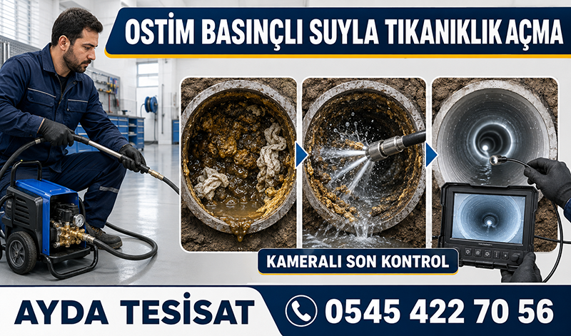 Ostim’de basınçlı suyla bina ana gider hattını temizlemesi