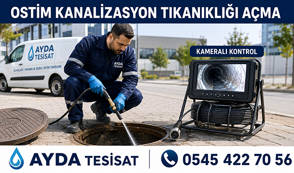 Ostim’de bina ana hattındaki tortuyu basınçlı suyla temizleyen erkek tesisat ustası