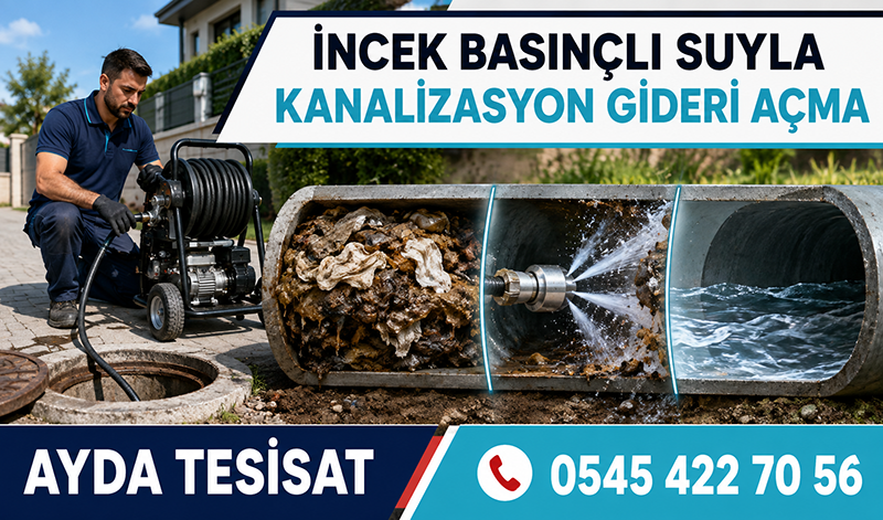 Su jeti başlığıyla kanalizasyon tıkanıklığı açma ve boru içi yıkama uygulaması