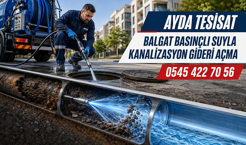 Su jeti ile kanalizasyon tıkanıklığı açma işlemi uygulanan gider borusu
