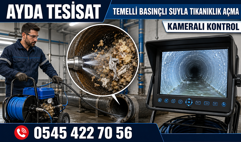 Su jetiyle birikintilerden arındırılan kanalizasyon borusunun temiz iç yüzeyi