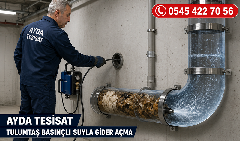  Su jetiyle tıkanıklığı açılmış ve iç yüzeyi temizlenmiş kanalizasyon borusunun yakın görünümü