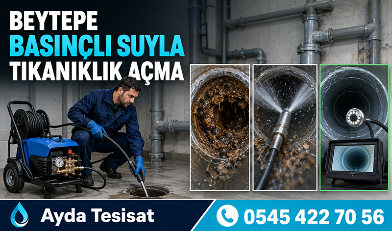 Su jetiyle temizlenen kanalizasyon ana hattında tıkanıklık ve açılmış boru karşılaştırması