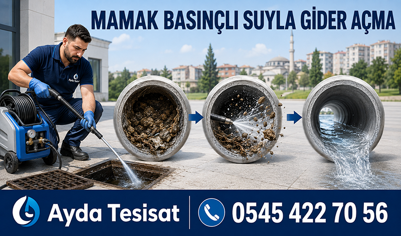 Su jetiyle temizlenen kanalizasyon borusunda açılmış ve durulanmış hat görünümü