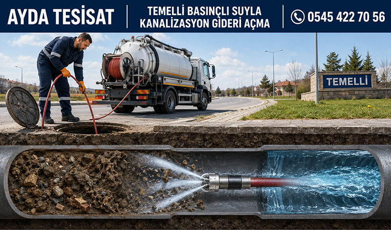Temelli’de erkek tesisat ustasının basınçlı suyla tıkalı bina giderini temizlemesi