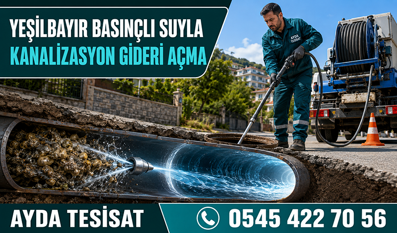 Yeşilbayır’da erkek tesisat ustasının basınçlı suyla tıkalı bina giderini temizlemesi