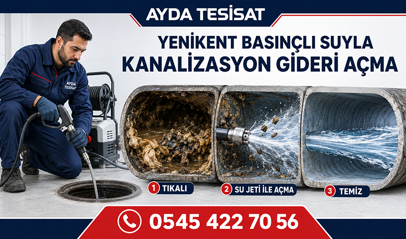 Yenikent’te basınçlı suyla bina ana gider hattındaki tortuların temizlenmesi