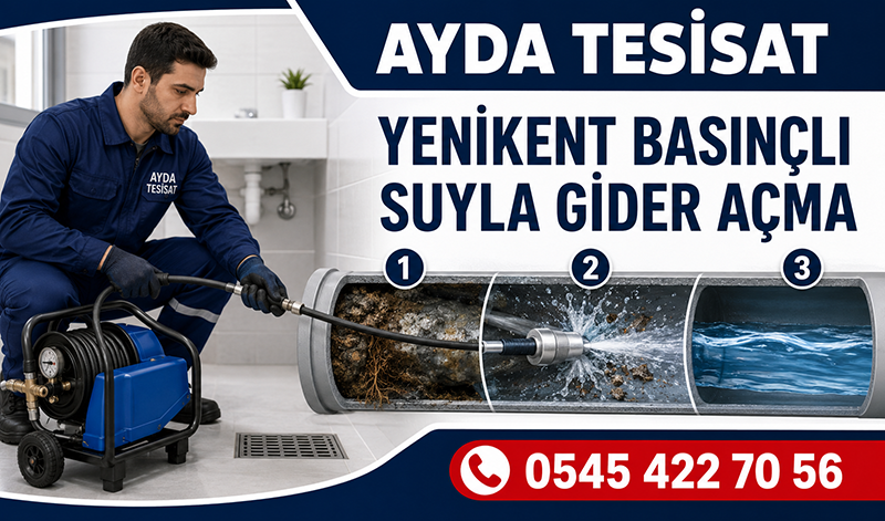 Yenikent’te tesisat ustasının basınçlı suyla bina ana gider hattını temizlemesi