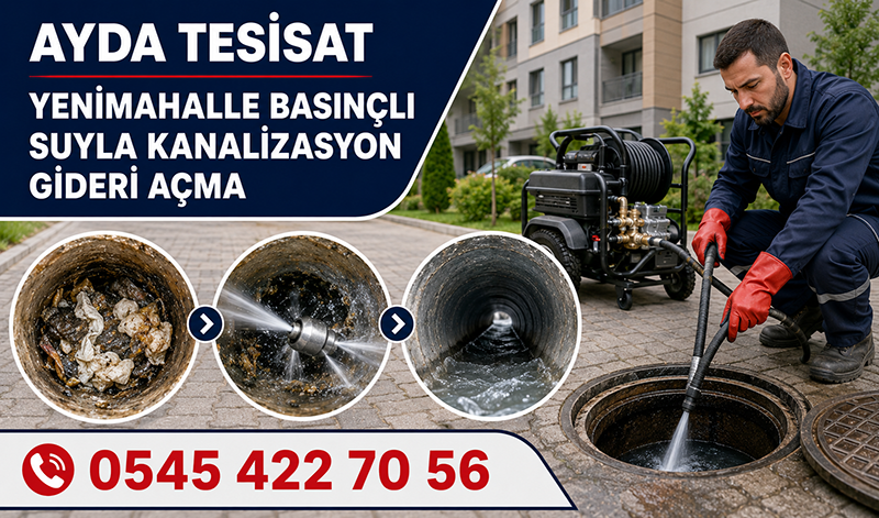 Yenimahalle’de su jeti kullanan erkek tesisatçıyla basınçlı suyla bina gideri açma uygulaması